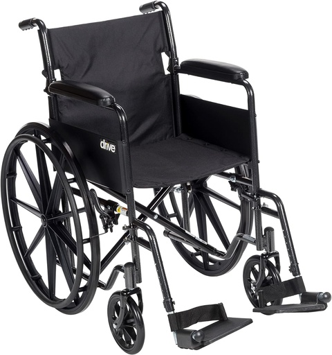Drive Medical SSP118FA-SF Silver Sport 1 Folding Transport Wheelchair with Full Arms and Removable Swing-Away Footrest, Black